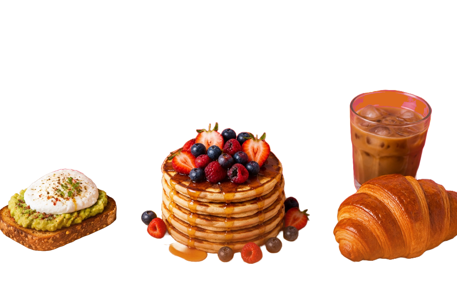 Pancakes généreux, tartine d'avocat avec œuf poché, croissant doré et café glacé sur une table.